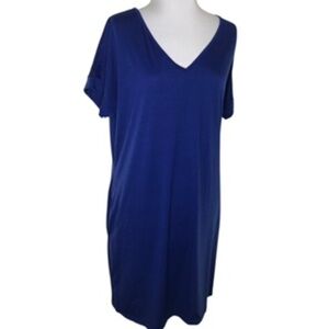 NWOT No Brand Label A-line Side Pocket V-neck Short Sleeve Blue Dress Size L